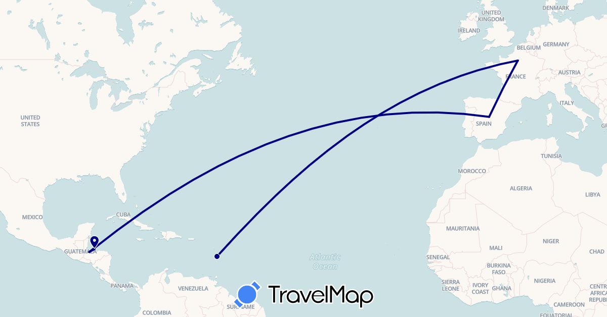 TravelMap itinerary: driving in Spain, France, Honduras (Europe, North America)